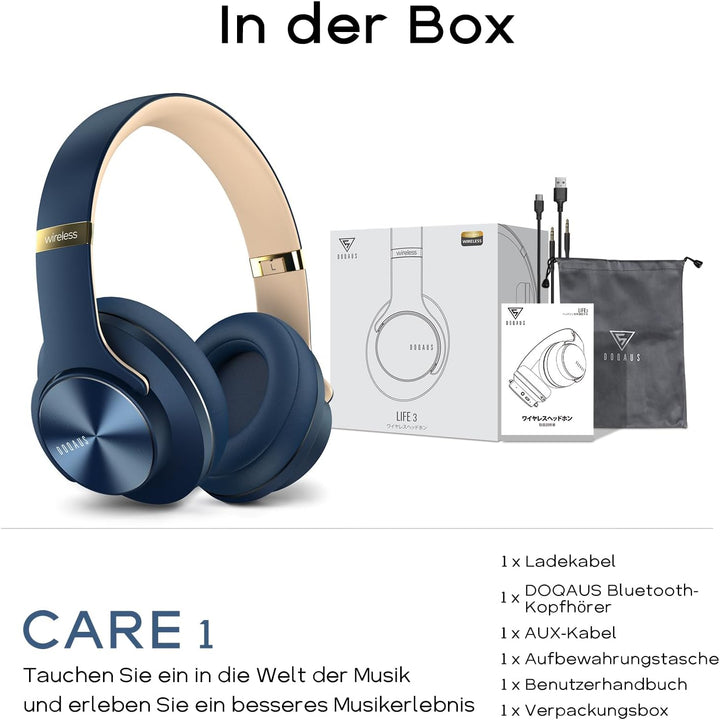 DOQAUS Bluetooth Kopfhörer Over Ear, Bis zu 90 Std Kabellose Kopfhörer mit 3 EQ-Modi, HiFi Stereo Fa
