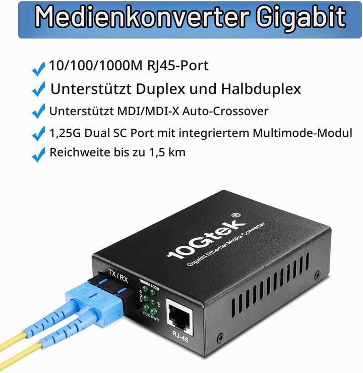 H!Fiber.com Gigabit Ethernet LWL Medienkonverter, 1.25Gb/s Singlemode Dual SC Transceiver, 10/100/10