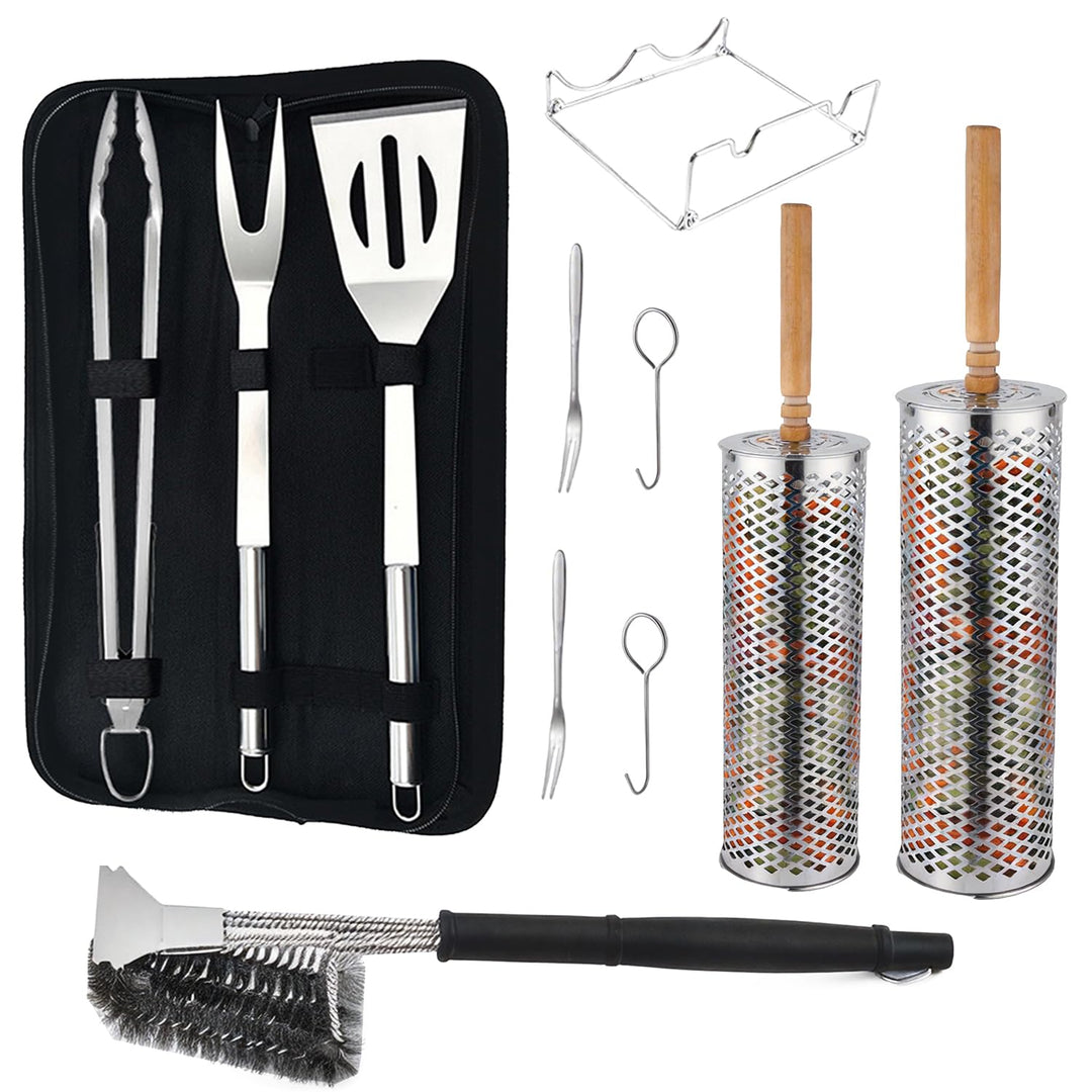 Grillbesteck Set, Premium BBQ Grill-Set mit Rollgrillkörben, Grillwerkzeugen und Reinigungsbürste |