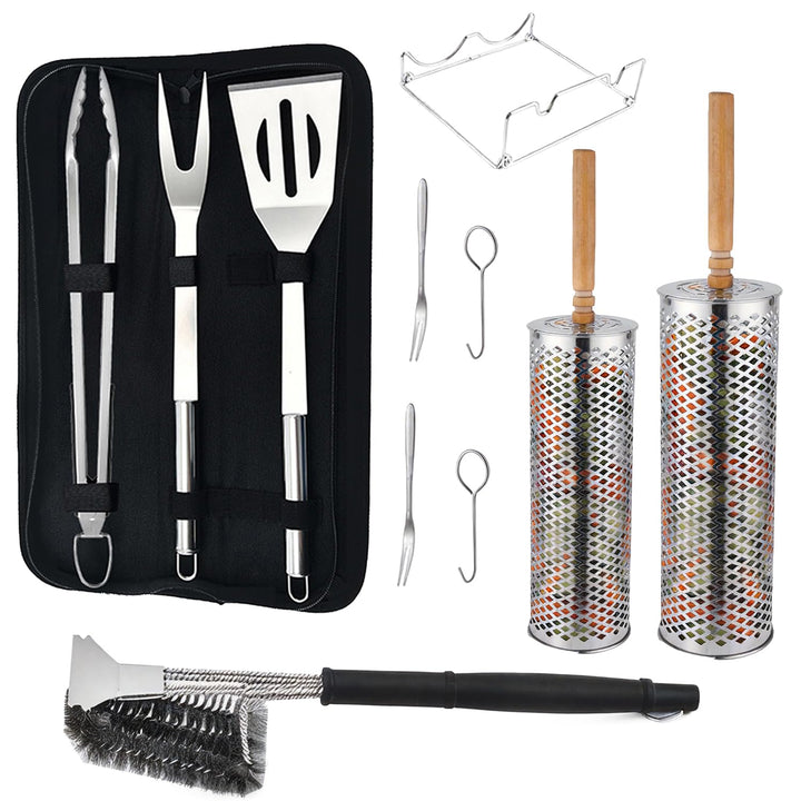 Grillbesteck Set, Premium BBQ Grill-Set mit Rollgrillkörben, Grillwerkzeugen und Reinigungsbürste |