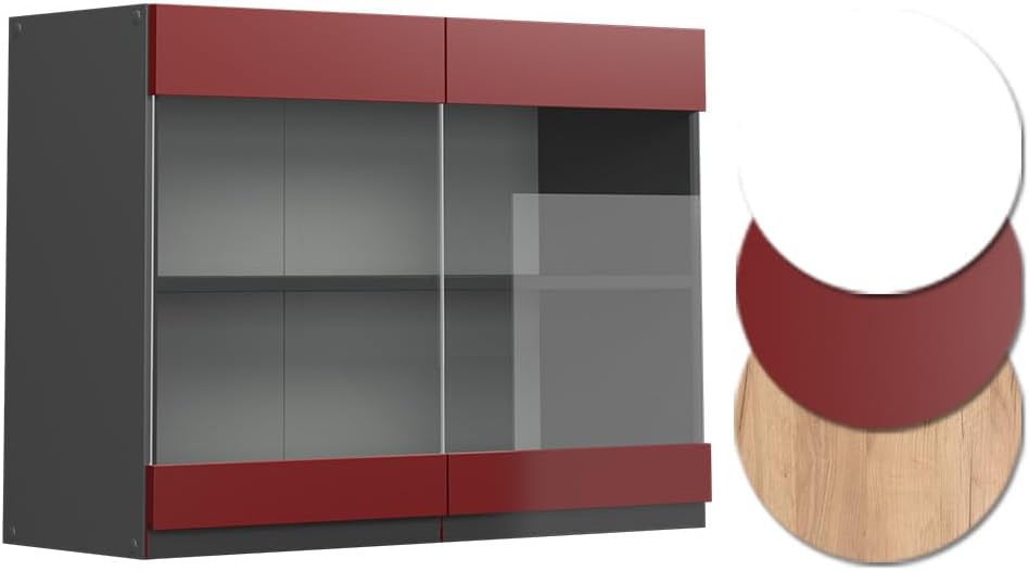 Vicco Küchenschrank Glas R-Line, Rot/Anthrazit, 80 cm J-Shape Rot Hängeglasschrank 80 cm, Rot Hängeg