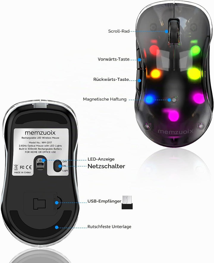 memzuoix LED Kabellose Maus – Wiederaufladbare 2.4G Optische Maus mit Magnetischer Abdeckung, Sanfte