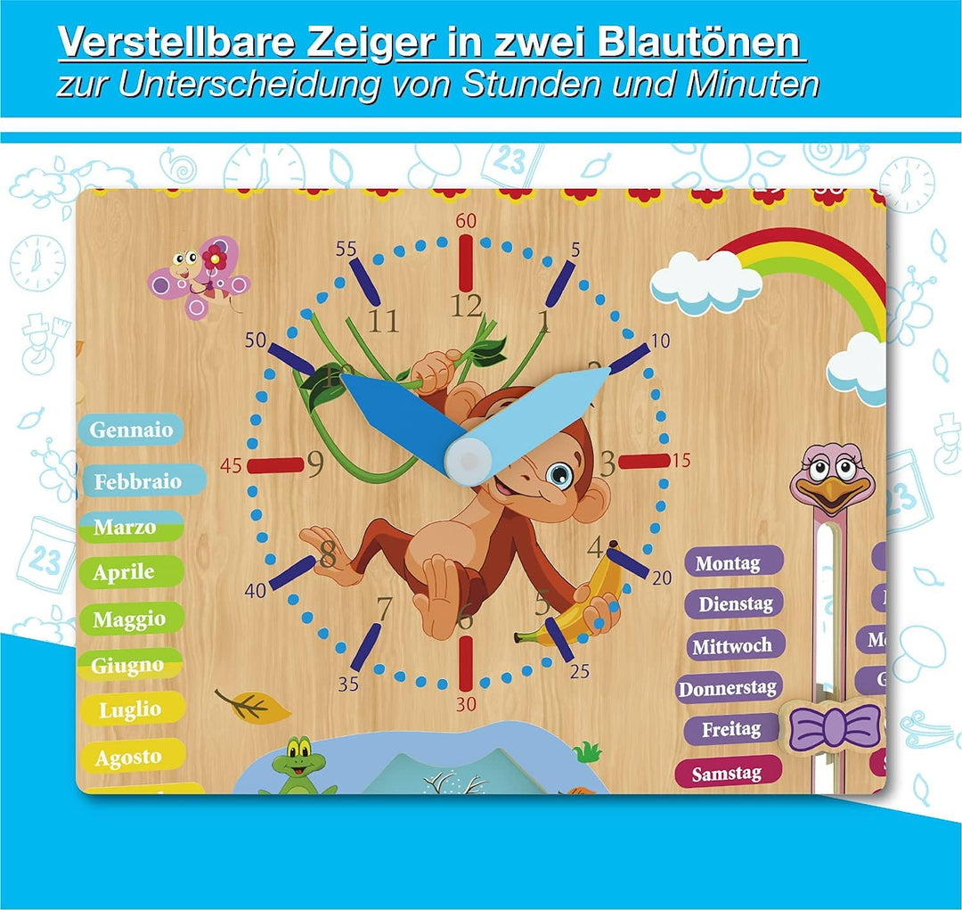 WoodyWood® Kalenderuhr für Kinder - Lernuhr aus Holz, zweisprachig, 30 X 30 cm - Montessori Jahresuh