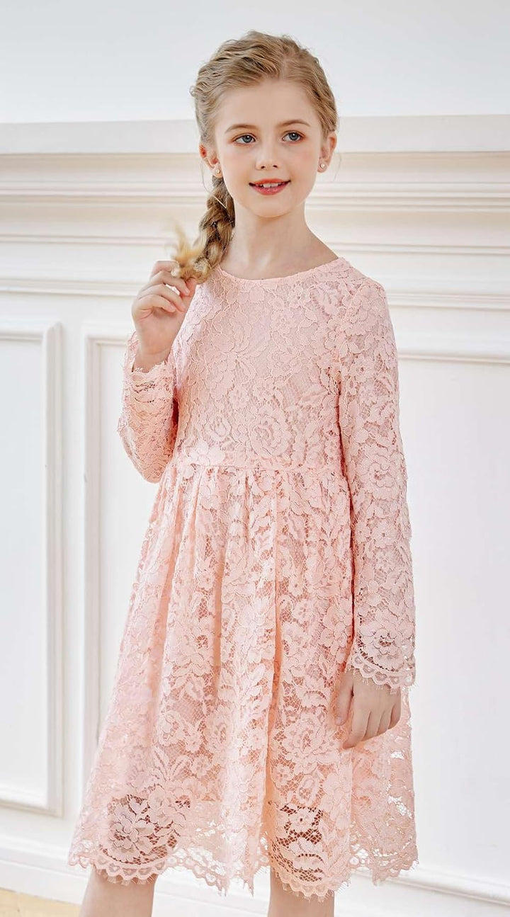 SMILING PINKER Mädchen Festliches Kleid Kinder Spitze Langarm Blumenmädchen Hochzeit Prinzessin Komm