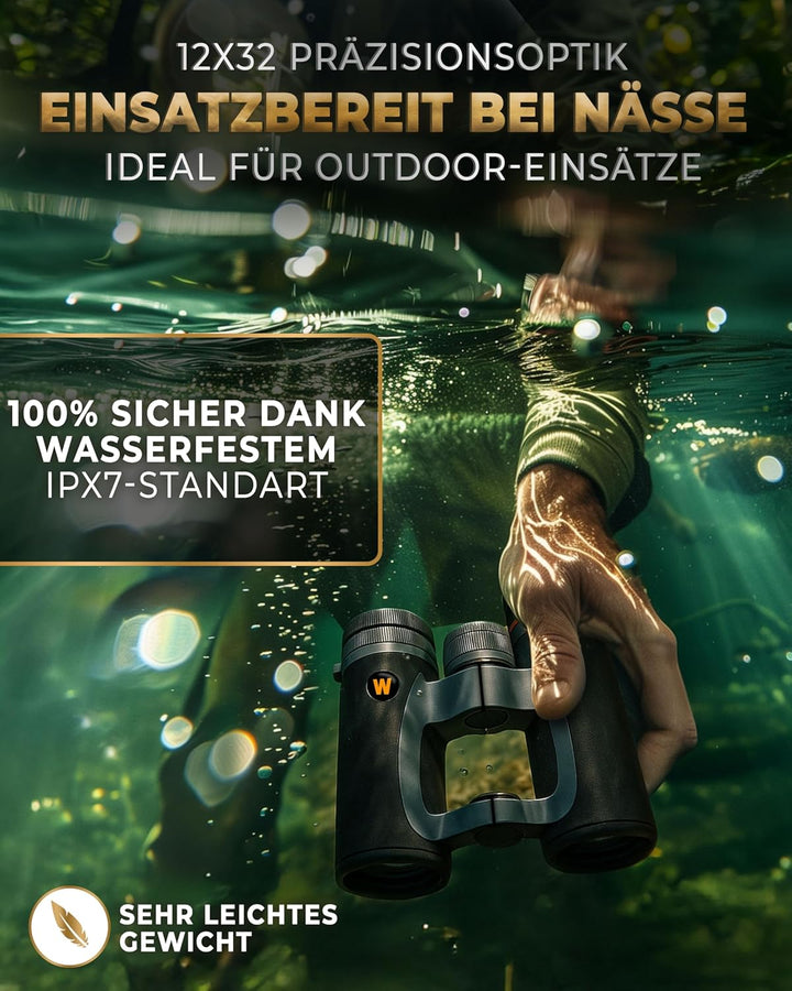 Fernglas 12x32 [TESTSIEGER], Wasserdicht nach IPX7, Nitrogengefüllt & stossfest, Fernglas für Erwach