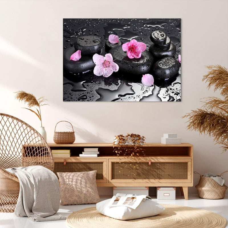 Bilder auf Leinwand 100x70cm Leinwandbild Blumen Steine Tropfen Spa Gross Wanddeko Bild Schlafzimmer