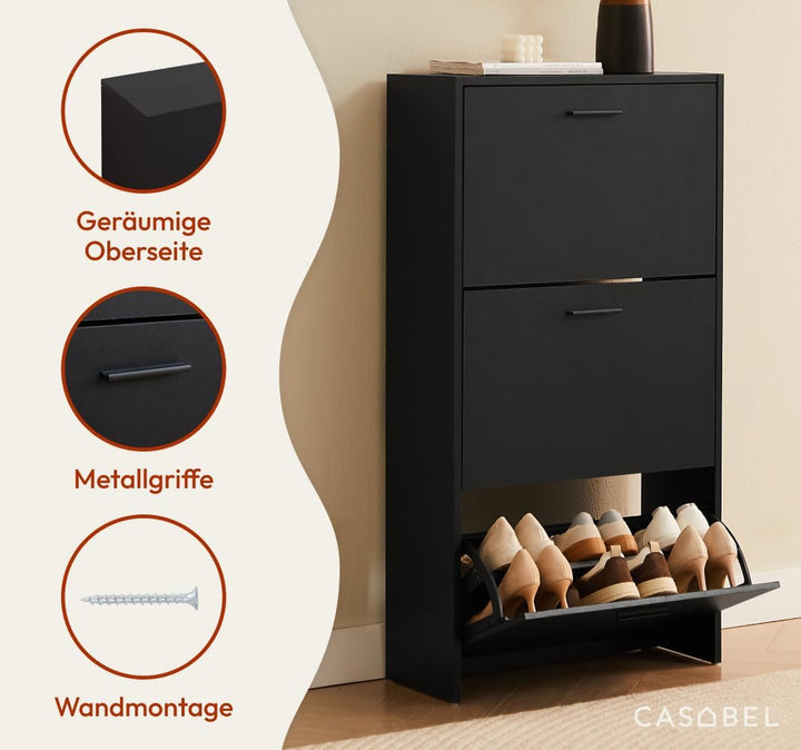 CASABEL Schuhschrank Schmal für 18 Paar Schuhe, Modernes Schuhregal Holz mit 3 Klappen, Platzsparend
