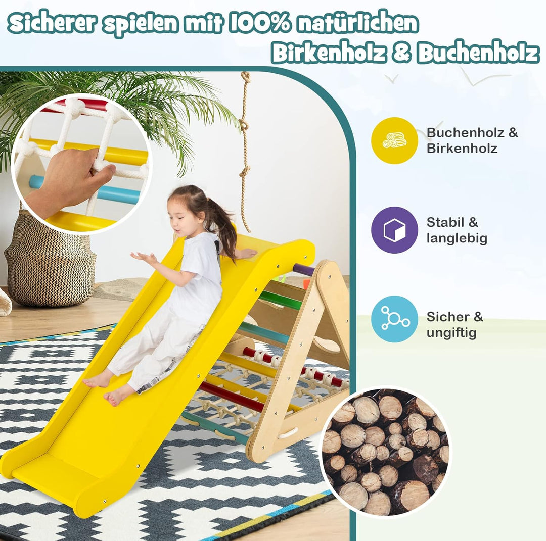 DREAMADE 4 IN 1 Kletterdreieck mit Rutsche und Kletternetz, Holzdreieck Kletterspielzeug aus Holz, I