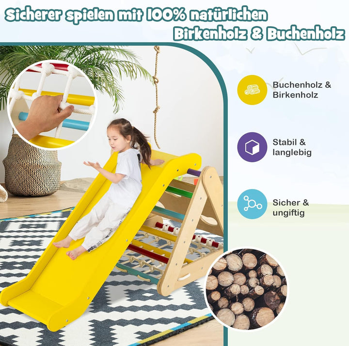 DREAMADE 4 IN 1 Kletterdreieck mit Rutsche und Kletternetz, Holzdreieck Kletterspielzeug aus Holz, I