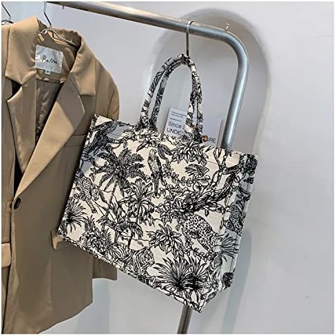 NCDUANSAN Grosse Kapazität Handtasche Leinen Baumwolle Blume Stickerei Retro Exquisite Doodle Mode E