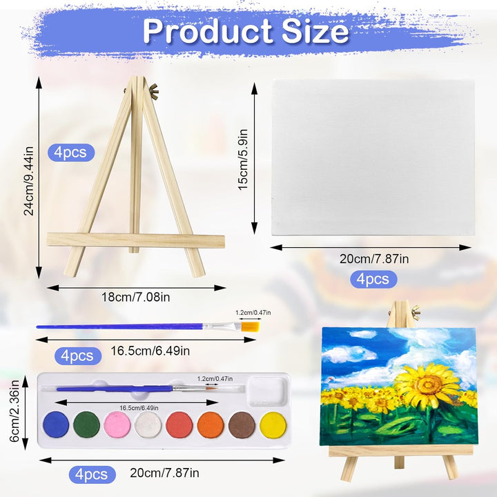 4 Stück Mini-Leinwand und Staffelei Set, 15x20cm Leinwand Mit 18x24cm Staffelei, 4stk 8-Farben Aquar