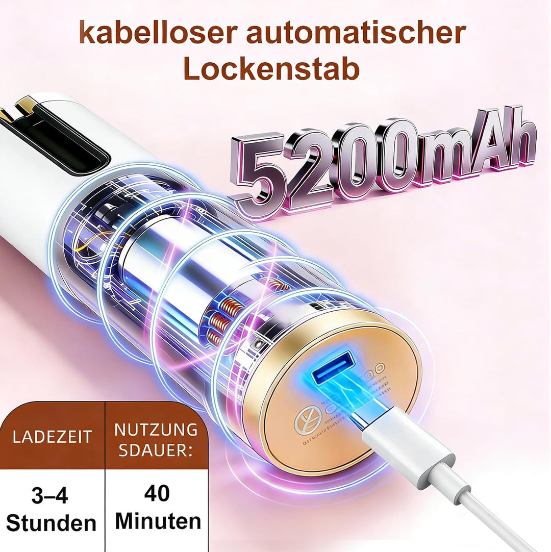 Lockenstab Automatisch Rotierend, Kabelloser Lockenstab Automatisch Keramik, 6 Temperaturstufen, Auf