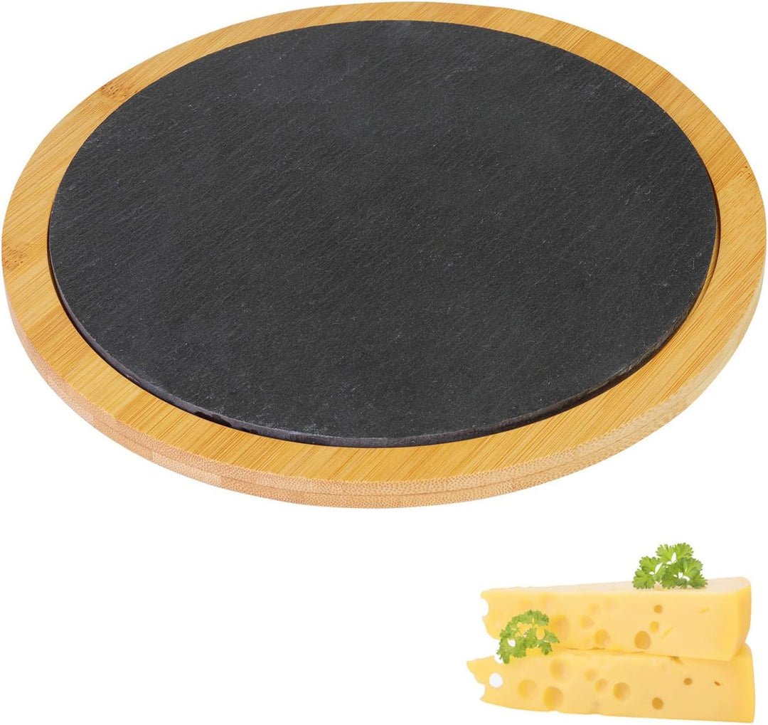 Westmark Servierbrett/Bambus- und Naturschieferplatte zum Anrichten, rund, Fläche: ø 28 cm, Bambus/S