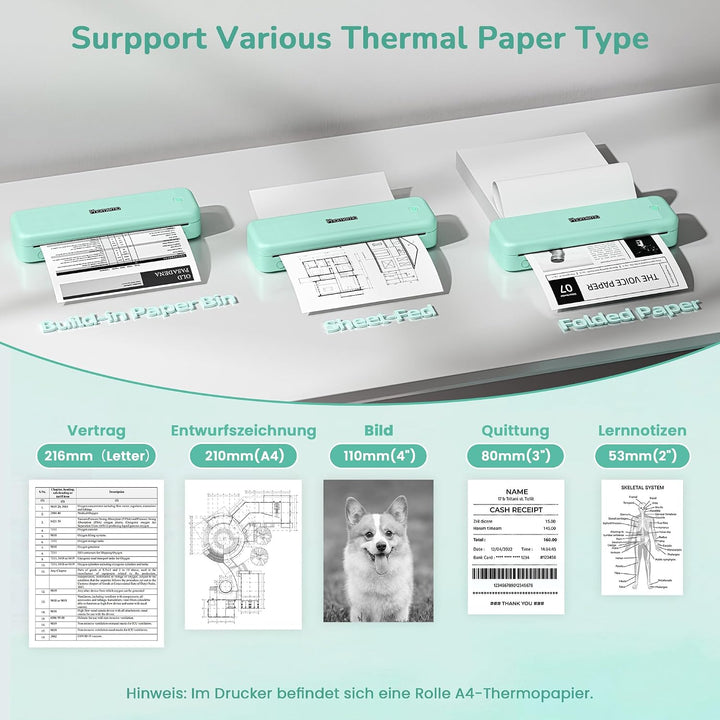Phomemo M834 Thermodrucker A4, Mobiler Drucker A4 für Unterwegs, Büro, Schule, Zuhause, Kompatibel m