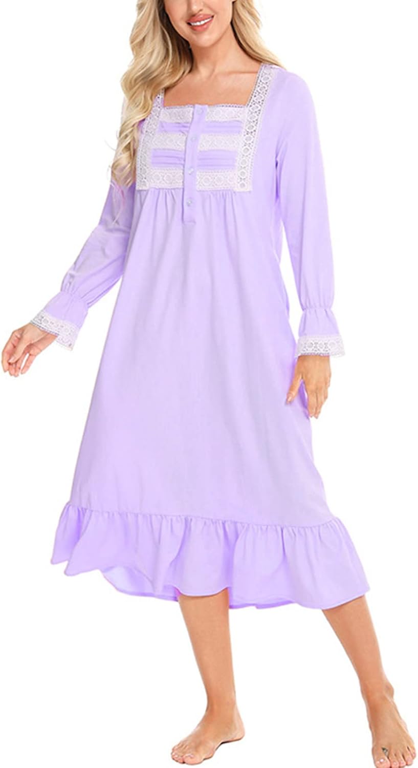aromm Damen Weich Nachthemd Knopfleiste Viktorianisch Lange Ärmel Stillen Pyjama XXL Violett, XXL Vi