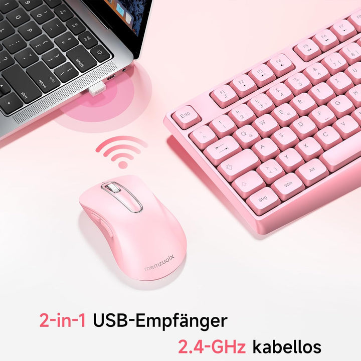 QWERTZ Kabelloses Tastatur Maus Set, Full Size 105-Tasten Tastatur mit Nummernblock, 2.4GHz Funk mit
