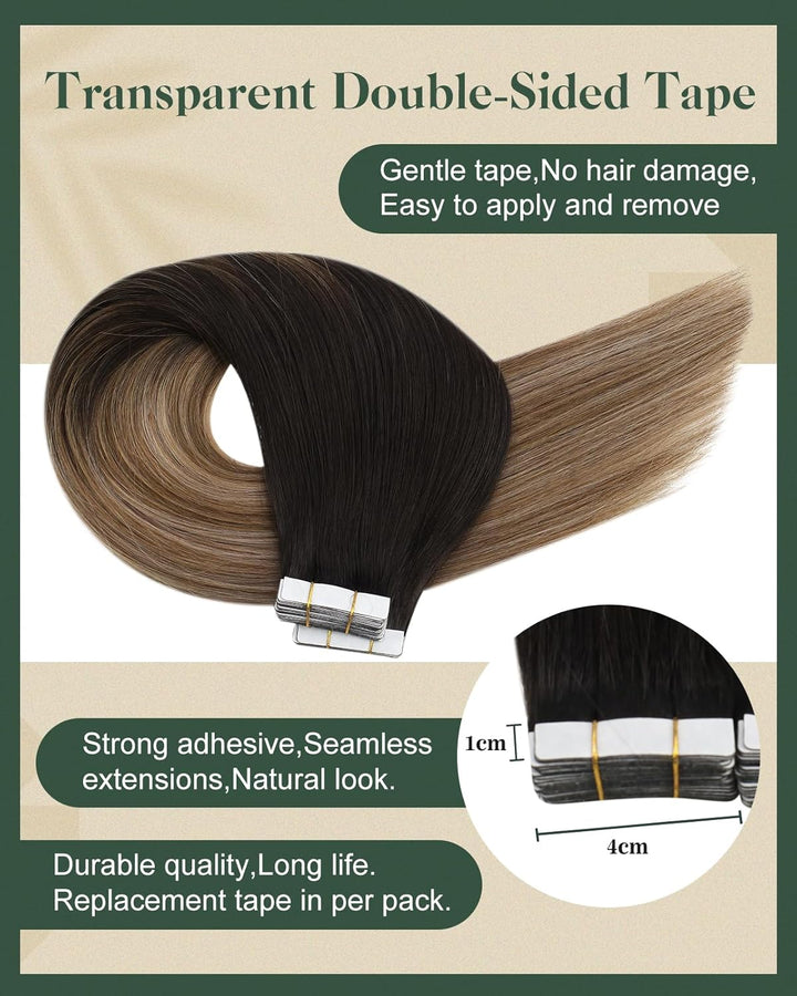 Ugeat 45cm Tape Extensions Echthaar Remy Balayage Braun bis Mittelbraun und Goldbraun Haar Extension