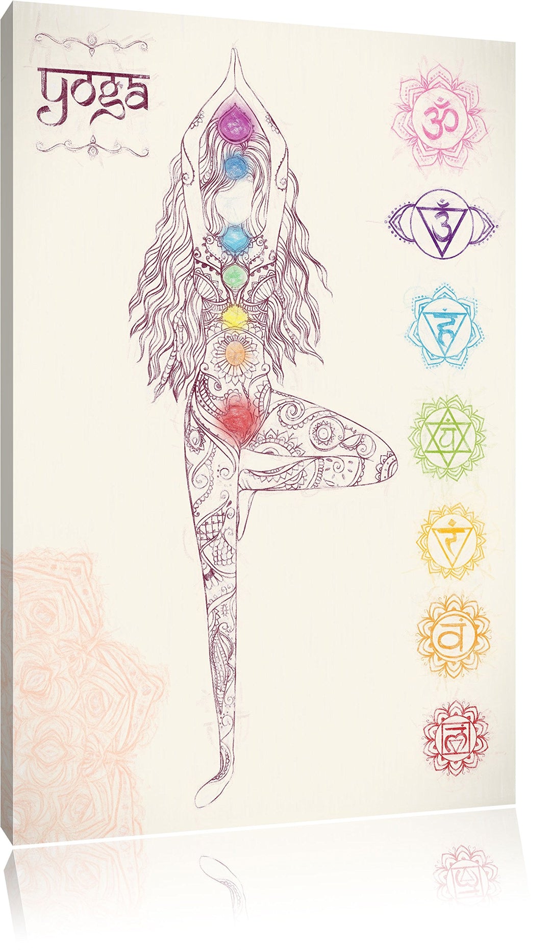 Pixxprint Yogafigur in der Tree Pose Kunst Buntstift Effekt, Format: 100x70 auf Leinwand, riesige Bi