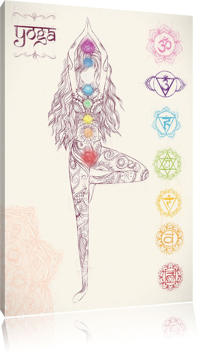 Pixxprint Yogafigur in der Tree Pose Kunst Buntstift Effekt, Format: 100x70 auf Leinwand, riesige Bi