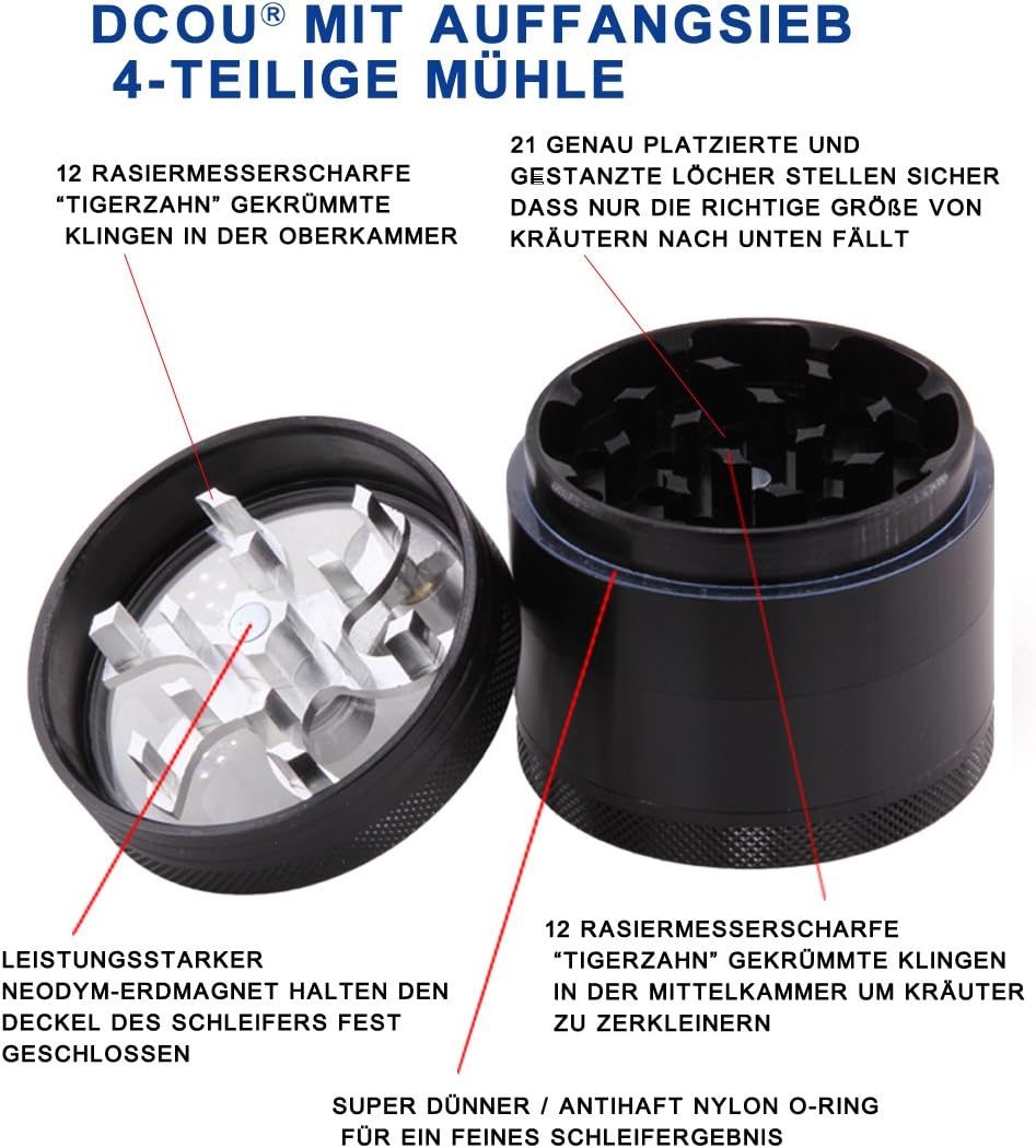 DCOU Handkurbel Premium Mühle unzerbrechlich CNC Aluminium Metall Mahler Schleifer 4 Teile Ø55mm Sch
