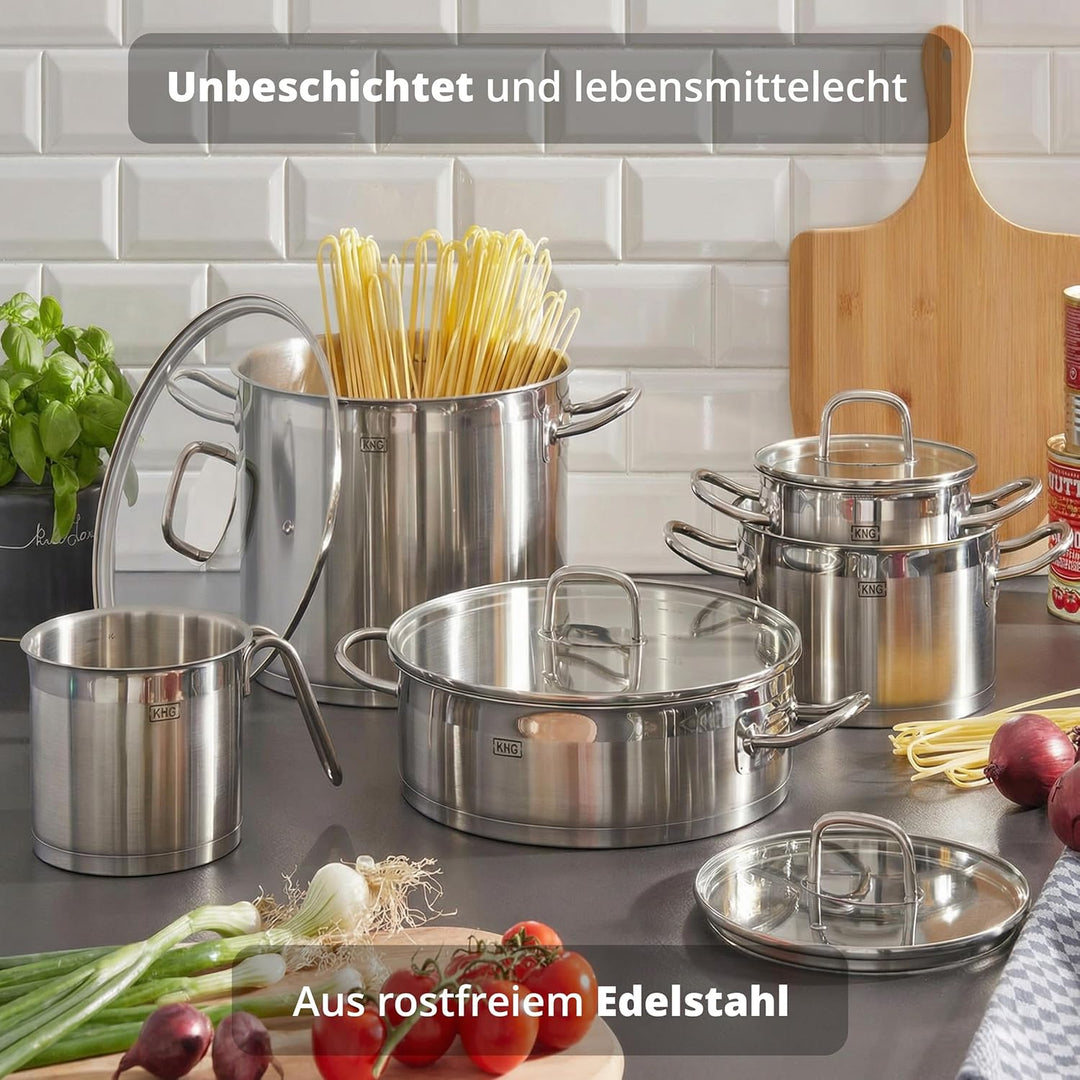 KHG Topf Kochtopf 26 cm, 9 Liter Induktion, Edelstahl unbeschichtet inkl. Glasdeckel - XXL Suppentop