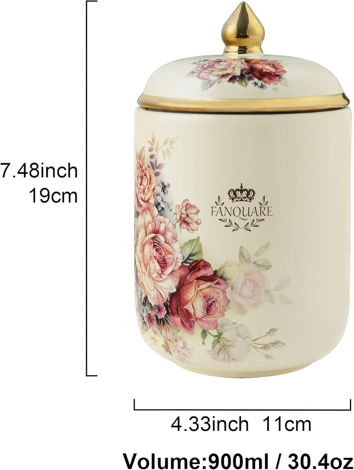 fanquare Plätzchendose Porzellan Ø 19 cm, Vintage Blumen Muster Vorratsdose mit Deckel, Biscotti Dos