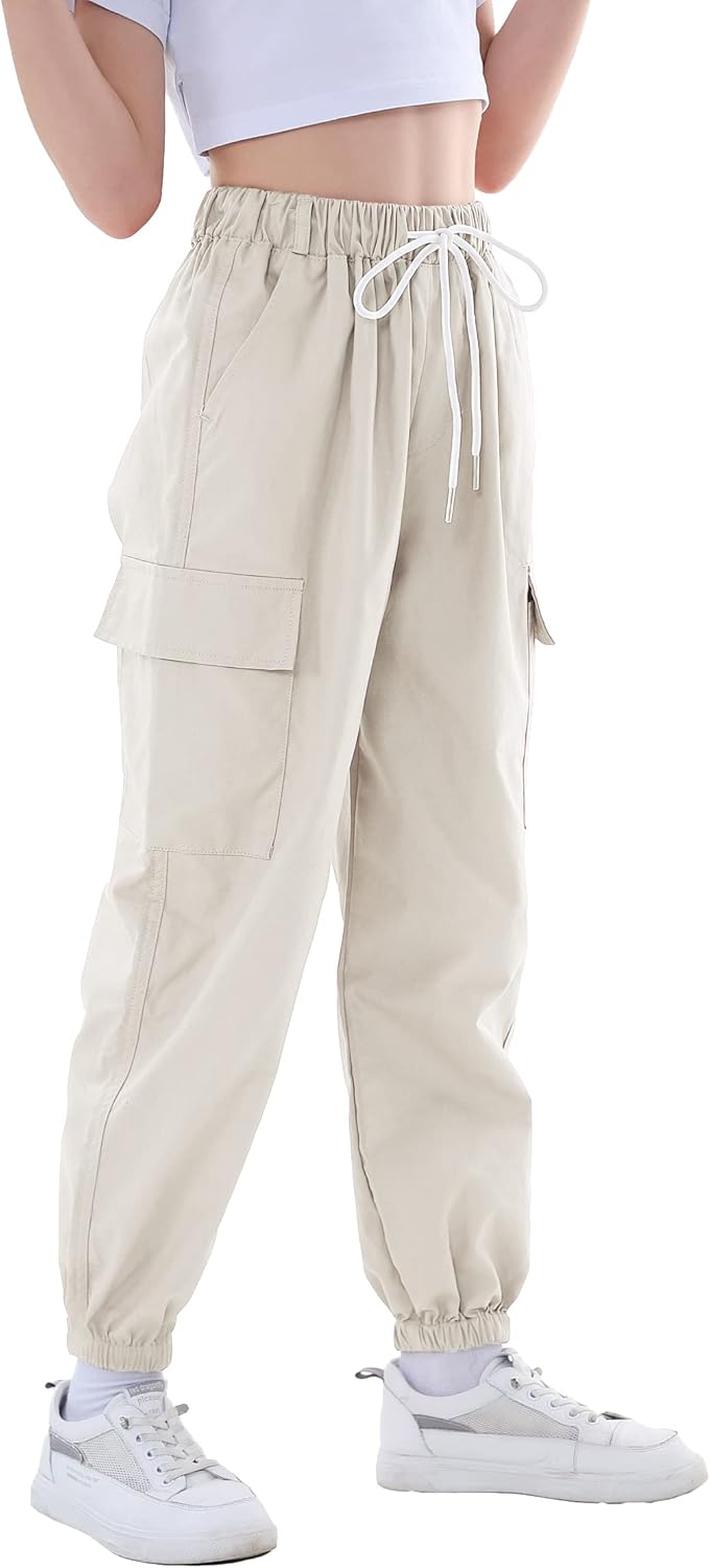 Rolanko Kinder Cargo Hose Elastische Taille Jogger Tanz Hose für Mädchen Streetwear Hip Hop Beige 8-