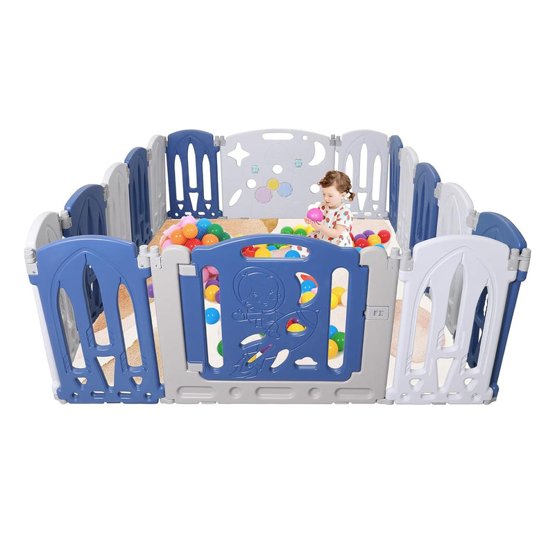 Aufun Laufstall Baby Laufgitter Faltbar Baby Absperrgitter mit Tür und Spielzeugboard, 14+2 Panel Bl