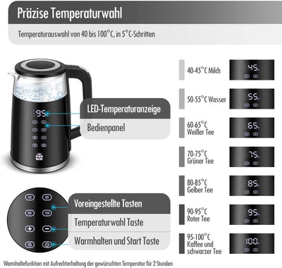 ForMe Glas Wasserkocher 1,7 Temperatureinstellung Temperaturwahl 40-100°C LED Smart Digital Temperat