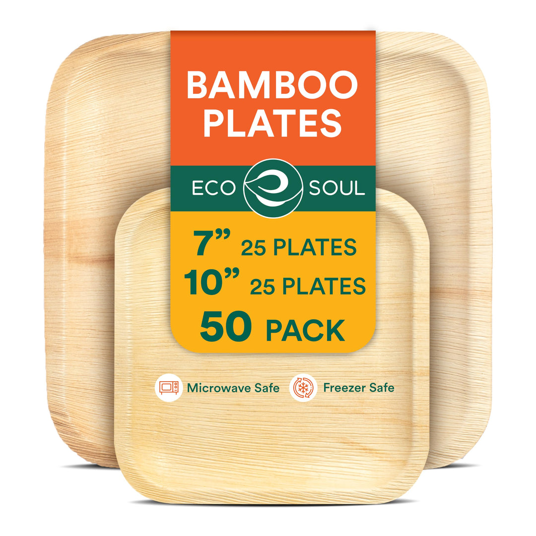 ECO SOUL Kompostierbare quadratische Palmblatt-Teller, 17,8 cm und 25,4 cm, wie Bambus-Teller, biolo