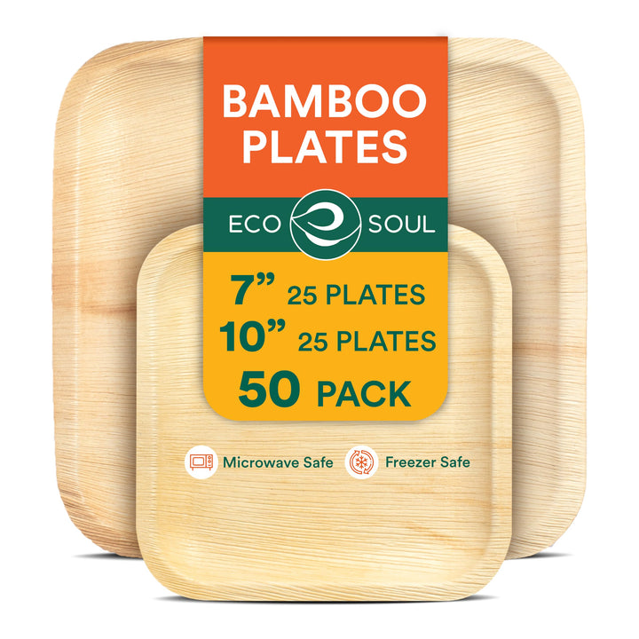 ECO SOUL Kompostierbare quadratische Palmblatt-Teller, 17,8 cm und 25,4 cm, wie Bambus-Teller, biolo