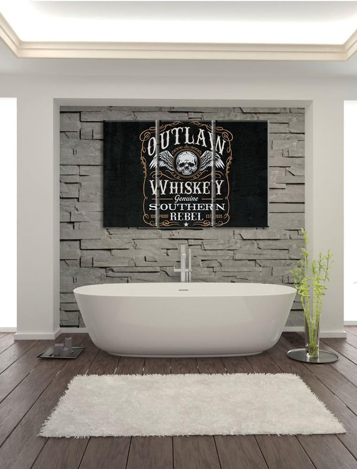 Pixxprint Whiskey Etikett „Outlaw“ schwarz 3-Teiler Leinwandbild 120x80 Bild auf Leinwand
