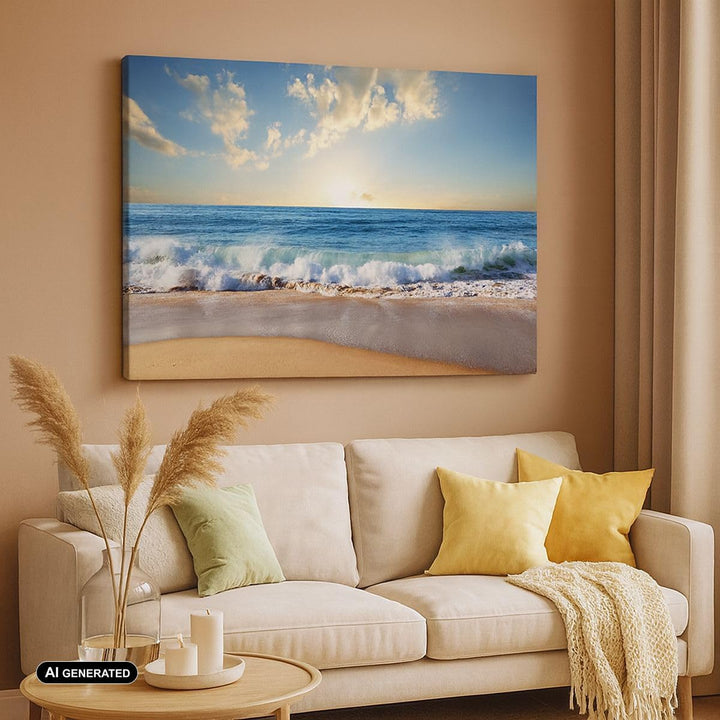 Bilder auf Leinwand 100x70cm Leinwandbild mit Rahmen Meer Ufer Wasser Gross Wanddeko Bild Schlafzimm