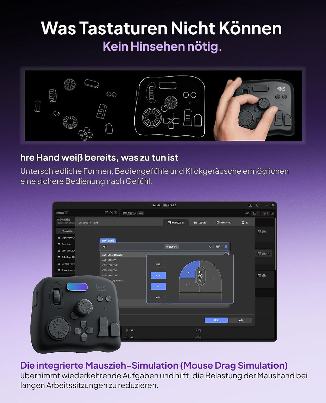 TourBox NEO, Editing Controller für Foto- & Videobearbeitung, Ilustration, Videoschnitt Tastatur, Ma