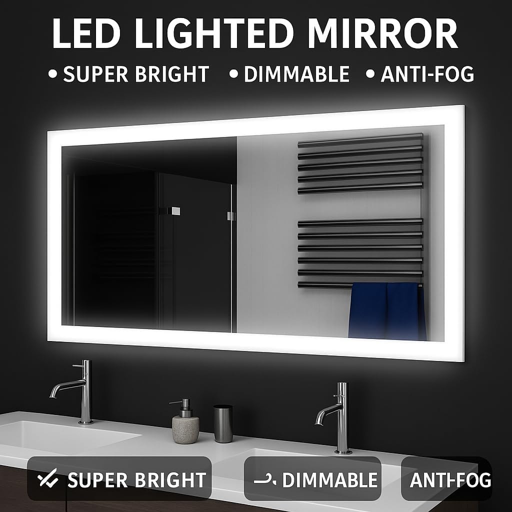 SARAR | LED Badspiegel Sete mit LED-Beleuchtung, eckiger Wandspiegel mit rundum Beleuchtung, Leuchts