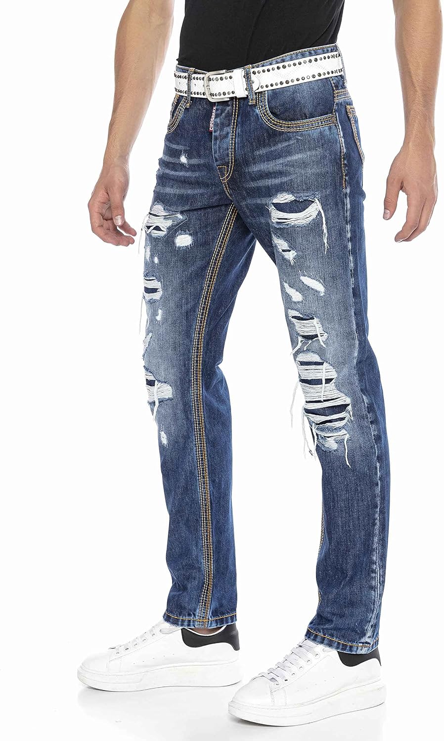 Cipo &amp; Baxx Herren Jeans &amp; Freizeithose | Used Look, Ziernähte, Logo Stickerei, Kontrastnähten, Bike