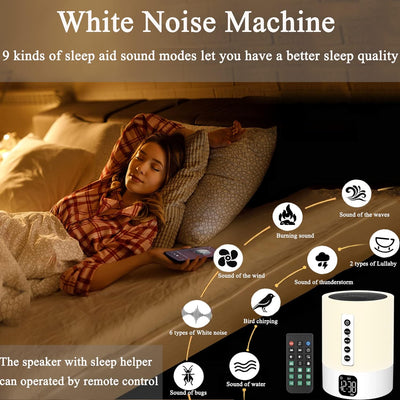 Bluetooth Lautsprecher mit Licht, White Noise Machine, Lichtwecker, Nachttischlampe Touch Dimmbar mi