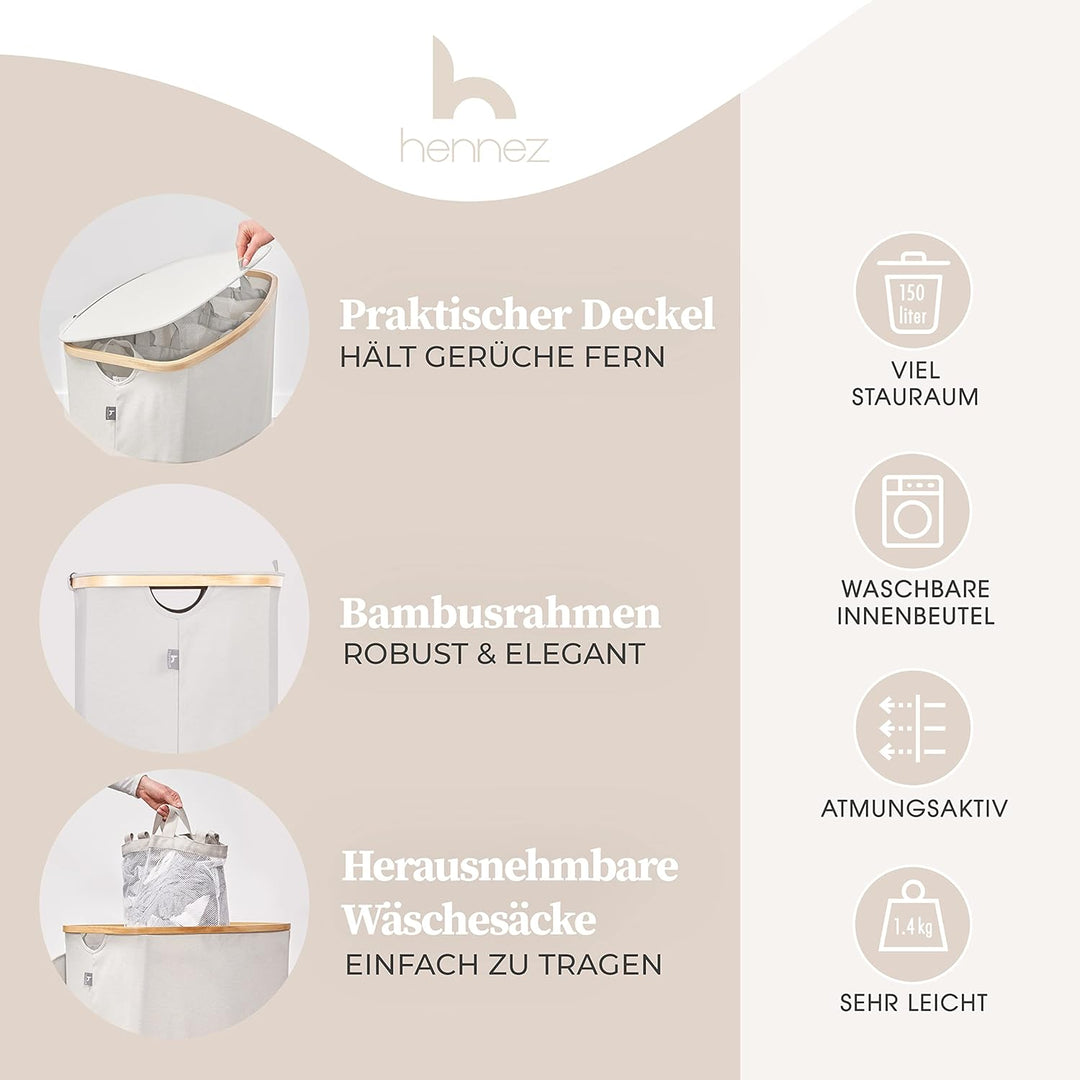 Hennez Wäschebox 150L - Wäschekorb 3 Fächer - Deckel - Wäschesortierer mit Wäschesack - Laundry Bask