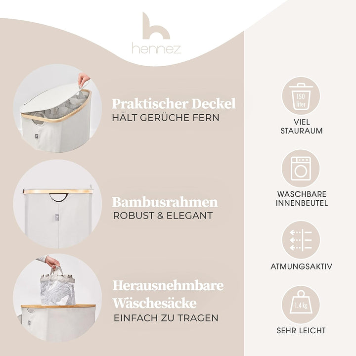 Hennez Wäschebox 150L - Wäschekorb 3 Fächer - Deckel - Wäschesortierer mit Wäschesack - Laundry Bask