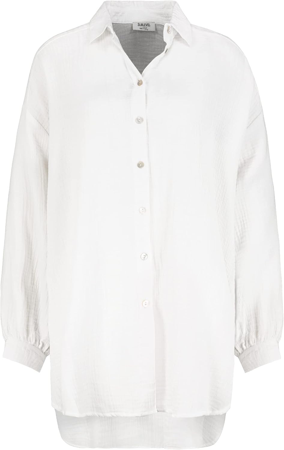 Sublevel Damen Musselin Bluse Muslin Long-Bluse Langarm Oversize Baumwolle M-L Weiss, M-L Weiss