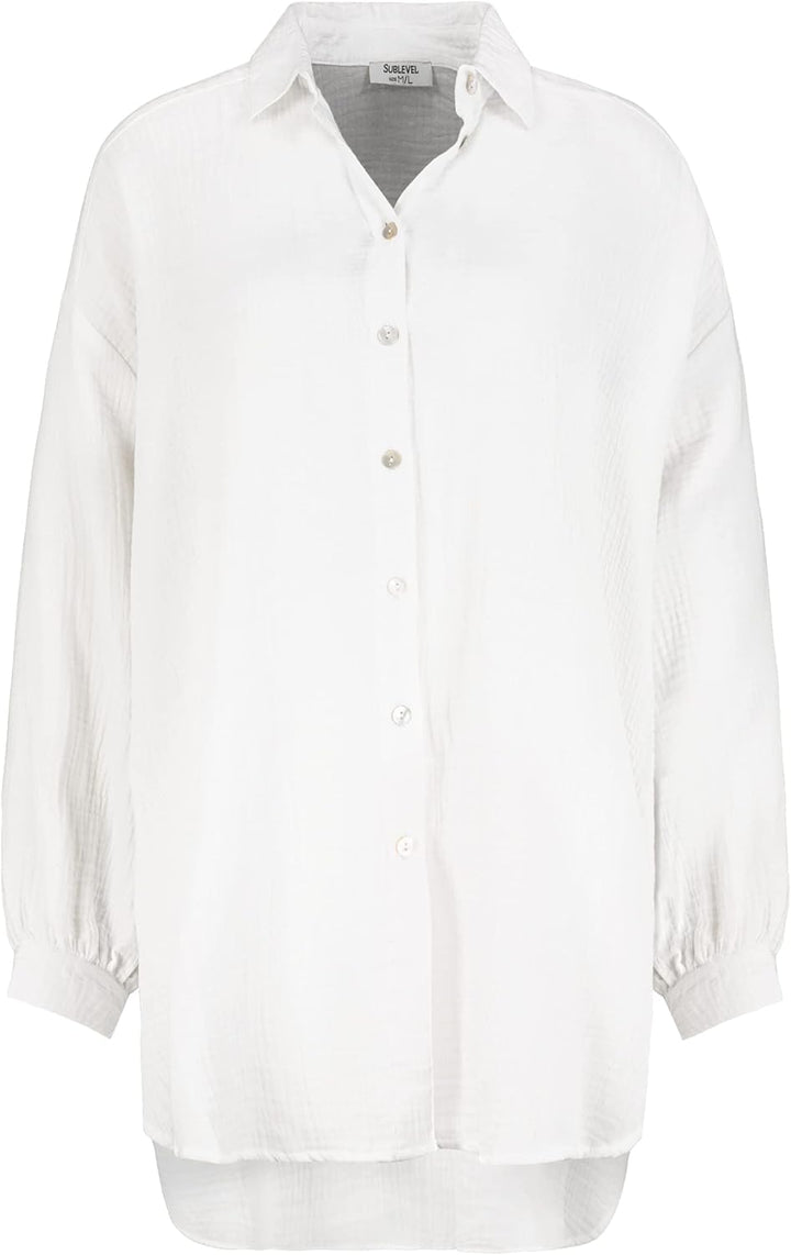 Sublevel Damen Musselin Bluse Muslin Long-Bluse Langarm Oversize Baumwolle M-L Weiss, M-L Weiss