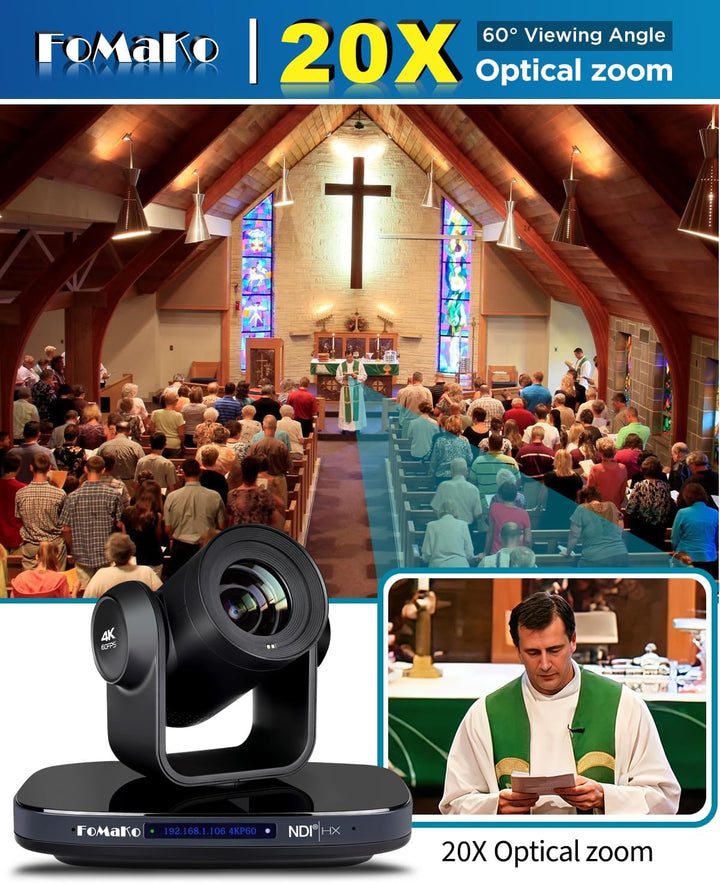 FoMaKo 4K@60fps NDI PTZ Kamera 20x Optischer Zoom, AI Tracking, mit 3G-SDI/USB 3.0/HDMI/IP/PoE, Prof