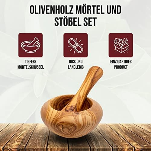 Mörser mit Stössel aus Olivenholz, Kräutermörser, handgefertigt mit Naturrand, Küchenmörser Holzmörs
