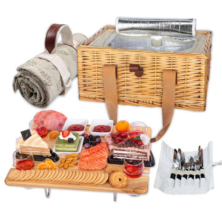 Hap Tim Picknickkorb aus Weidengeflecht für 4 Personen, mit faltbarem Mini-Wein-Picknicktisch und gr