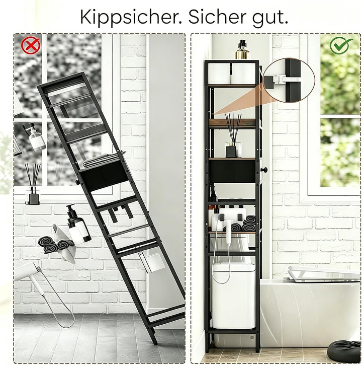 7-Ebenen Toilettenregal Einfache Montage für Badezimmer, Schwarz | Wasserdicht, Rostfrei, Ohne Bohre