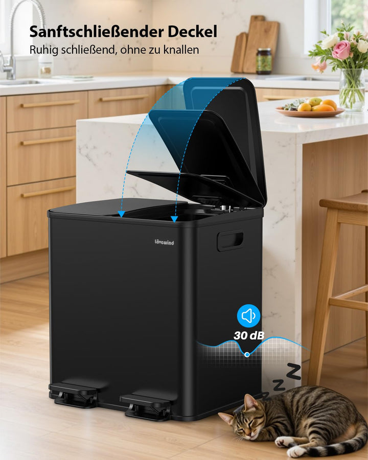 lovewind Mülleimer, 2 x 15L Mülleimer Küche, Doppeleimer für Recycling und Abfall, Schwarz, Mülleime