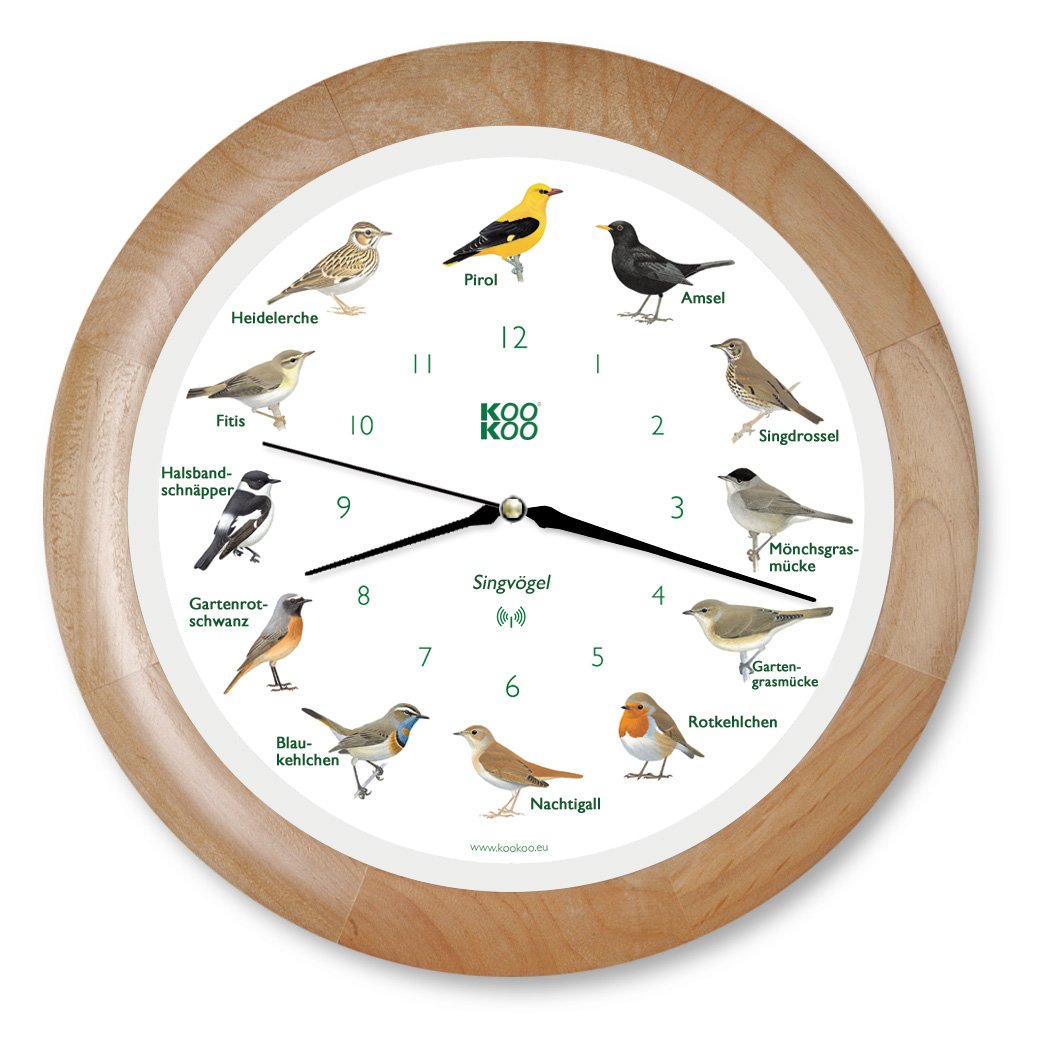 KOOKOO Singvögel Holz, Die Singende Vogeluhr, mit 12 heimischen Singvögeln und echten, natürlichen V