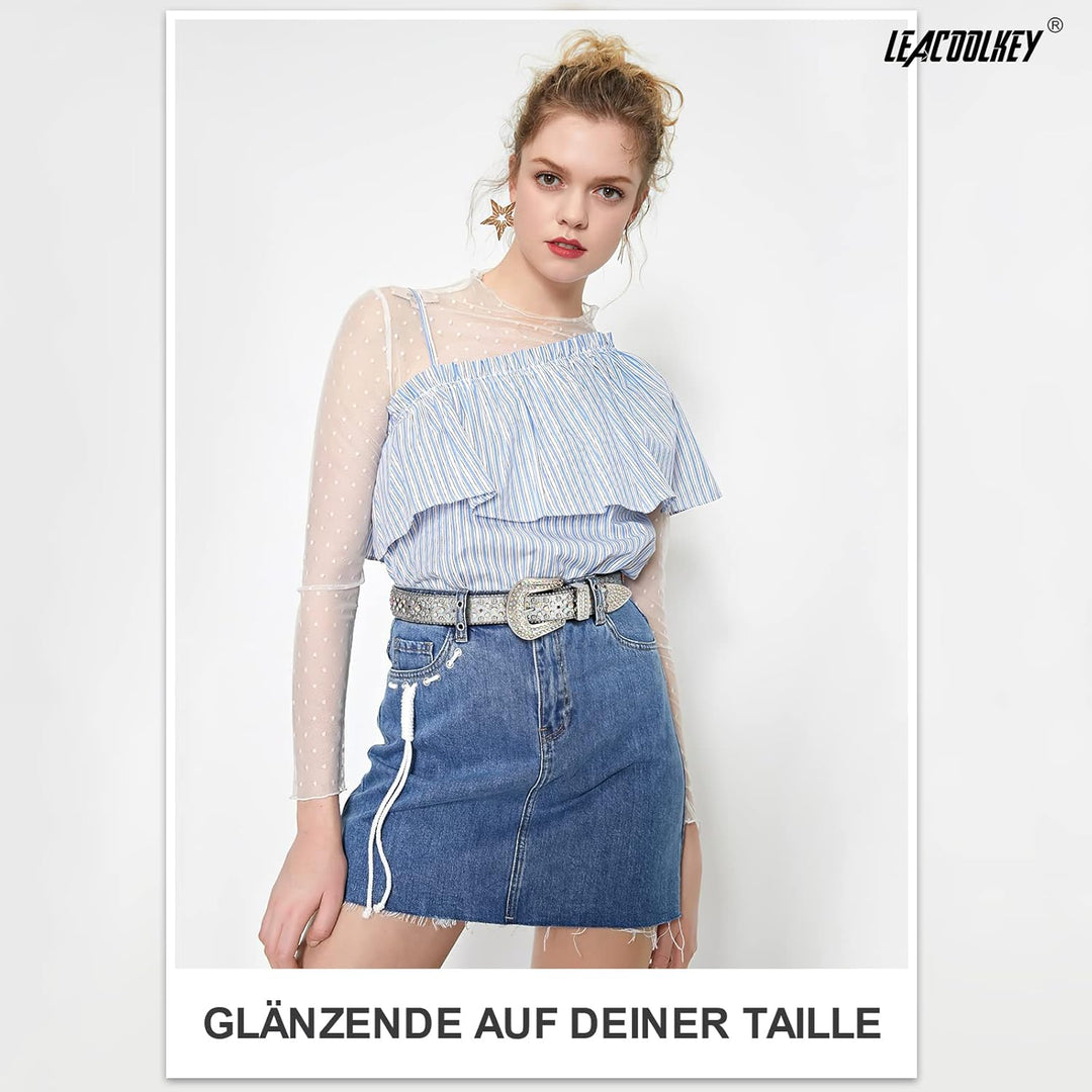 LEACOOLKEY Damen Männer Mode Strass Gürtel, Western Cowgirl Nieten Punk PU Ledergürtel für Jeans S:P