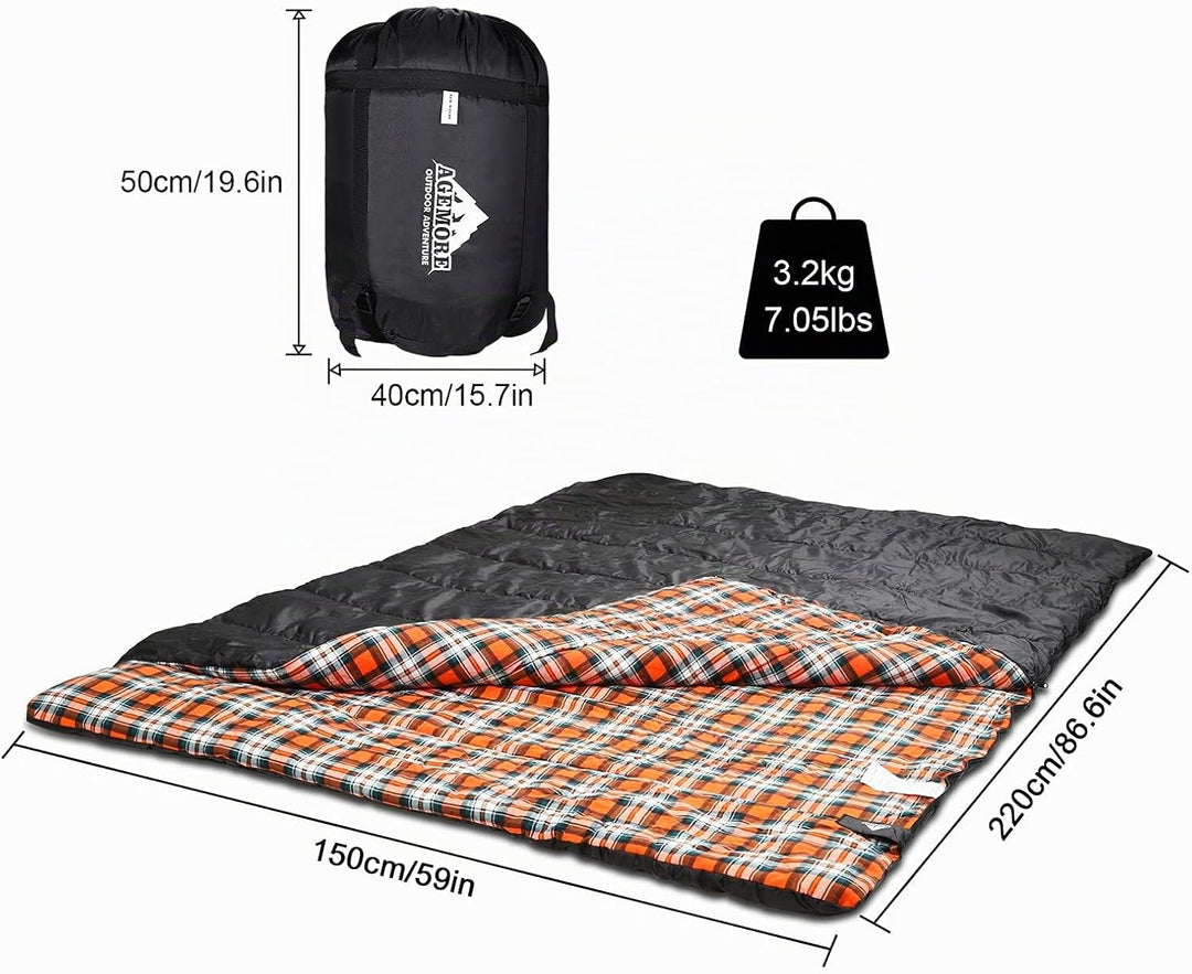 Baumwollflanell-Doppelschlafsack für Camping, Wandern oder Wandern. Queen Size 2 Person wasserdichte