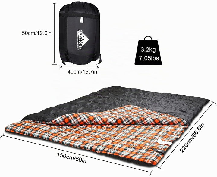 Baumwollflanell-Doppelschlafsack für Camping, Wandern oder Wandern. Queen Size 2 Person wasserdichte